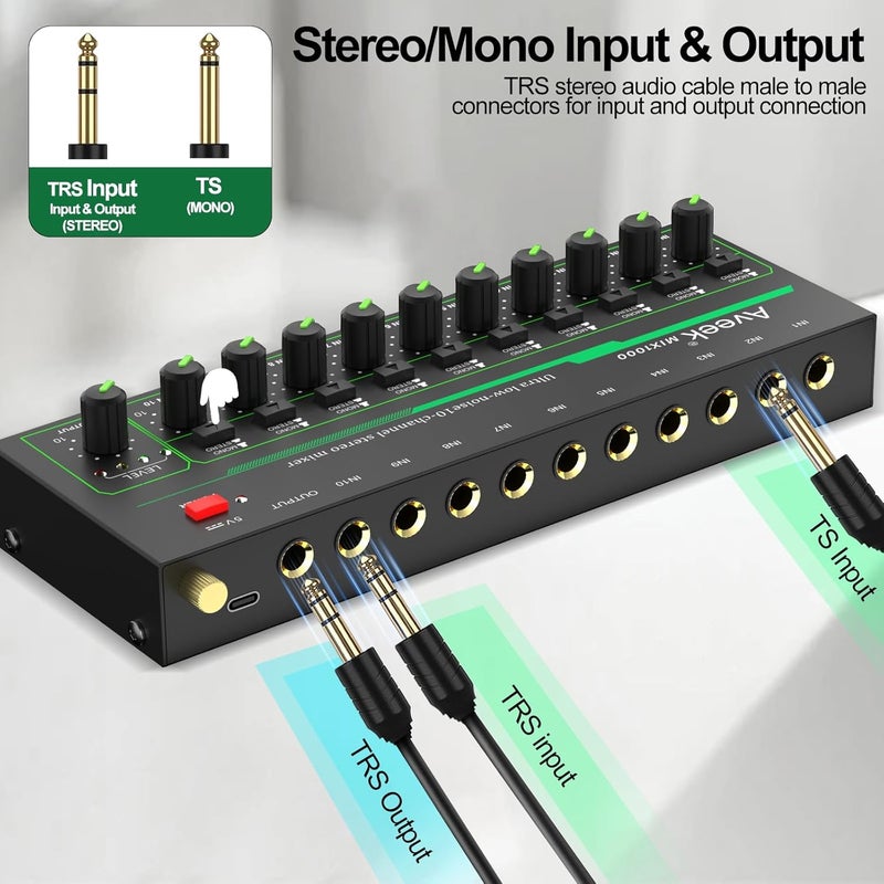 Aveek 10 Channel Mixer - Mini 10 Stereo Audio Mixer, Low-Noise for Precision Sub-Mixing,1/4" TRS Input/Output Ideal for Mics/Guitars/Bass/Stage - 3 x 8.6 x 1.1 inches - Image 2